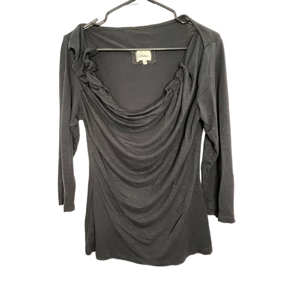 Anthropologie Deletta Basic Black 3/4 Sleeve Blouse With Drapey Neck